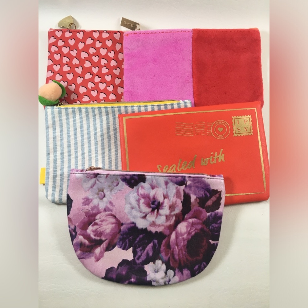 IPSY bag lot of 5 Cosmetic Makeup Bags Beauty Pouches EMPTY Floral Pink, Striped